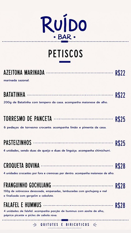 Página de petiscos do cardápio do Ruído Bar.