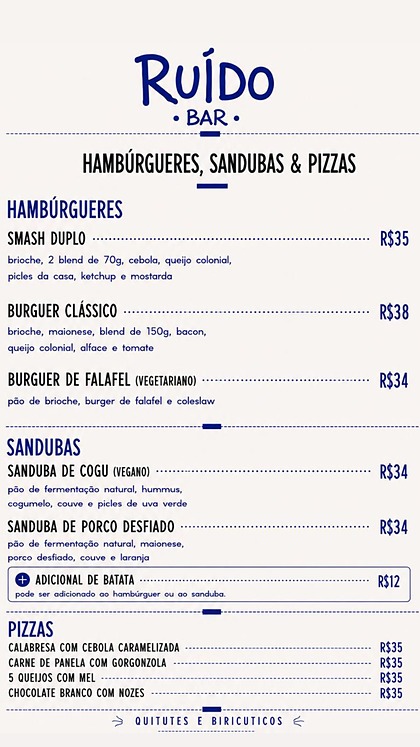 Página de hambúrgueres, sandubas e pizzas do cardápio do Ruído Bar.