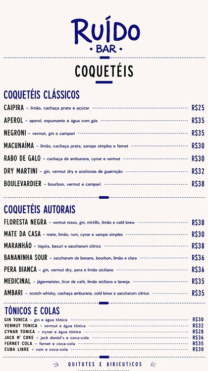 Página de coquetéis do cardápio do Ruído Bar.