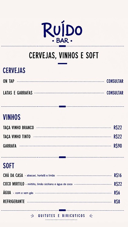 Página de cervejas, vinhos e bebidas sem álcool do cardápio do Ruído Bar.